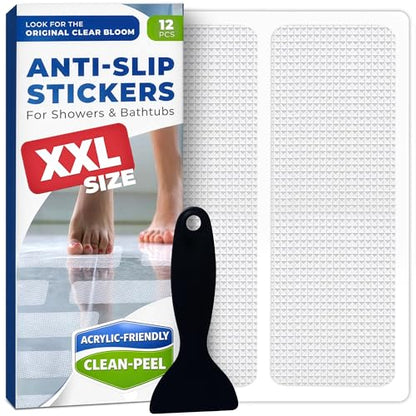 XXL Anti Slip Shower Stickers 12 PCS, Non-Slip Bath Tub Strips, Clear | Improves Grip and Traction on Wet Floors | Safety Option for Seniors & Adults | Peel-and-Stick Install, Scraper Tool Included - color: Clear