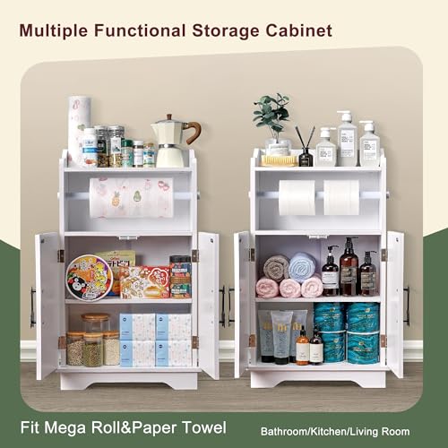 VECELO Bathroom Storage Cabinet, Freestanding Floor Organizer with Double Doors and Adjustable Shelf, Waterproof Wooden Cabinet for Bathroom, with Towel Bar - size: With Towel Bar