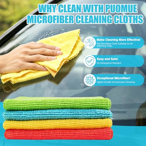Puomue Microfiber Cleaning Cloth, 24 Pack Highly Absorbent Cleaning Rags, 4 Color Mix, Reusable, Soft and Lint Free Cleaning Supplies for Window, Household and Kitchen, 12 Inch X 10.6 Inch