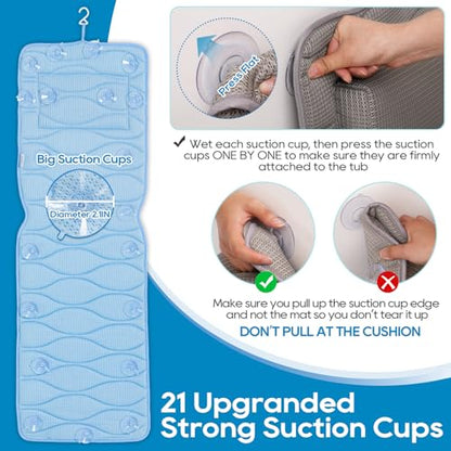 OMYSTYLE Full Body Bath Pillow, Bath Pillows for tub with Mesh Washing Bag & 21 Non-Slip Suction Cups, Spa Bathtub for Head Neck Shoulder and Back Support - 5D Air Mesh & Quick Drying | Blue - color: Blue