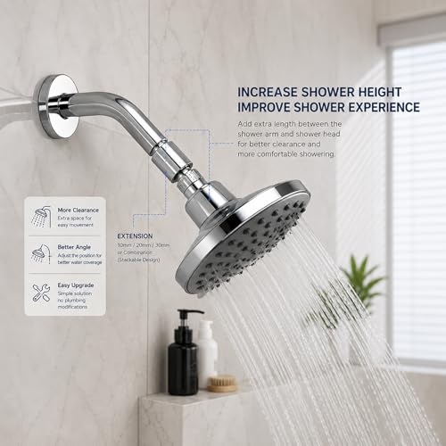 Shower Head Extension Arm Set, Stackable 10mm 20mm 30mm Combo, Solid Brass Chrome Plated G1/2 Shower Head Extender Kit for Adjustable Shower Height & Spacing