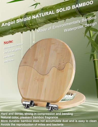 Angol Shiold ROUND Bamboo Wood Toilet Seat Soft Close 16.5Inch | Zinc Alloy Strong Hinges, Light, Easy to Install & Clean, Up to 400 lbs (Round 16.5", Natural Bamboo) - color: Soft Close, size: Round -16.5"