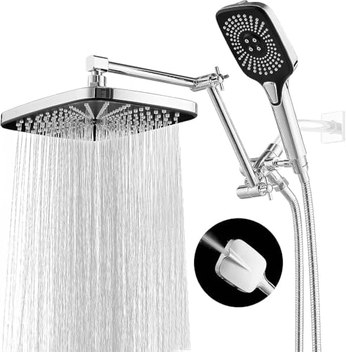 Shower Head with Handheld, 12 Inch Dual Shower Head with Extention Arm, High Pressure Rain Shower Heads, Rainfall Waterfall Showerhead with 3-Way Diverter - Height/Angle Adjustable(Chrome) - color: Chrome, size: 12 Inch
