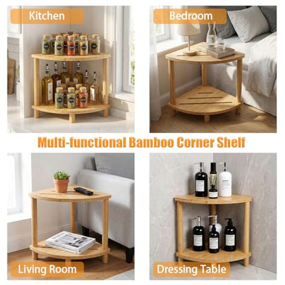 2-Tier Bamboo Corner Shower Stool,Shower Foot Rest for Bathroom Sauna | Non-Slip Adjustable Shower Feet Stool for Shaving Legs with Storage Shelf, Space Saving Shower Bench for Kitchen, Entryway