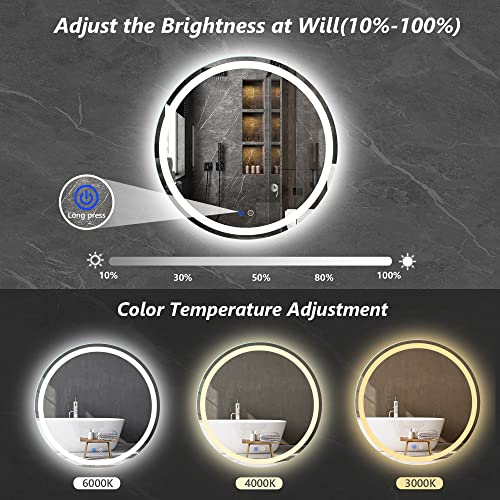 TATU 24 Inch LED Round Lighted Mirror, Bathroom Backlit Vanity Mirror Wall Mounted with 3000K/4000K/6000K Adjustable, Anti-Fog, Smart Touch Button, Stepless Dimmable Lighted Makeup Mirror - size: 24"L x 24"W