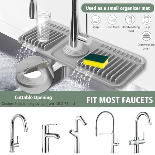 14.6-Inch Kitchen Sink Splash Guard Mat | 7° Slope for Fast Self-Draining | Snap-Lock Design | Universal & Cuttable Silicone Faucet Mat GRAY - color: Gray, size: 14.6" x 5.5"