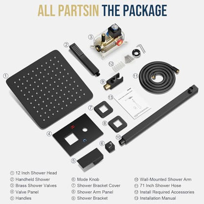 FPXRNG Shower Faucet Set Rainfall Shower System with Square Shower Head and Handle Set Rough-in Valve and Metal Trim Kit Included Matte Black 10 Inch Wall Mounted Shower Fixtures - color: Matte Black, size: 10 Inch Wall Mount Shower Head
