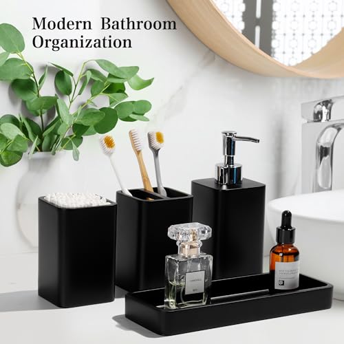 Bathroom Accessories Set, 4 Piece Toothbrush Holder Set - Black | Bathroom Accessory Set with Soap Dispenser, Toothbrush Holder, Tumbler, Vanity Tray, Bathroom Sink Set for Modern Home Decor - style: Black