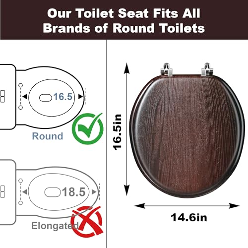 Round Wood Toilet Seat Support 400 lbs, Heavy Duty Wooden Toilet Seat with Natural Wood Veneer for Bathroom, Dark Walnut Toilet Lid with Chrome Hinges, Grip-Tight Bumpers, Easy Clean, Easy Install