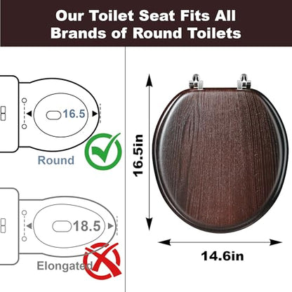Round Wood Toilet Seat Support 400 lbs, Heavy Duty Wooden Toilet Seat with Natural Wood Veneer for Bathroom, Dark Walnut Toilet Lid with Chrome Hinges, Grip-Tight Bumpers, Easy Clean, Easy Install