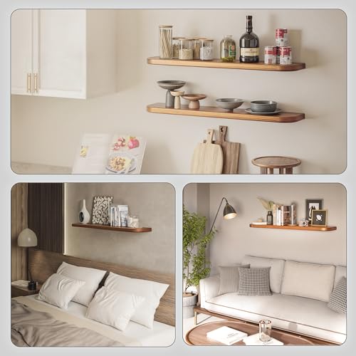BATODA 36" Acacia Wood Floating Shelves Wall Mounted (Round Edge) – Rustic Farmhouse Wooden Wall Storage Shelf for Bedroom, Kitchen - Brackets and Shelving Hardware Included (Acacia,36 Inch Length) | Acacia Wood, Floating Effect, Hidden Brackets, Easy Ass
