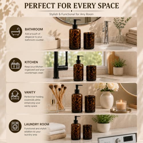 Tortoise Shell Bathroom Accessories | Tortoise Shell Soap Dispenser with Toothbrush Holder | Leopard & Cheetah Bathroom Accessories | Brown Bathroom Decor | Amber Glass Soap Dispenser with Black Pump