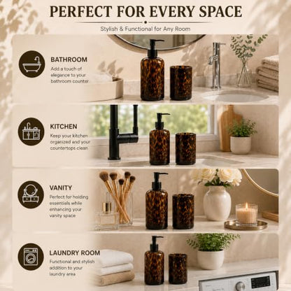 Tortoise Shell Bathroom Accessories | Tortoise Shell Soap Dispenser with Toothbrush Holder | Leopard & Cheetah Bathroom Accessories | Brown Bathroom Decor | Amber Glass Soap Dispenser with Black Pump