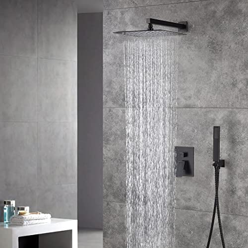 Cascada 12” Square Shower System (Wall Mounted) with Single Handle & square knob, 2 Functions (Rainfall & Handheld) (Oil Rubbed Bronze) - color: Oil Rubbed Bronze