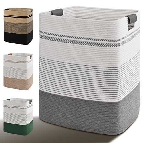 Laundry Hamper, 75L Tall Laundry Basket with Leather Handles, Rectangle Large Clothes Hamper for Organizing, Cotton Woven Laundry Baskets Storage Hampers for Bedroom, Nursery, Living Room - color: Grey, size: 75L