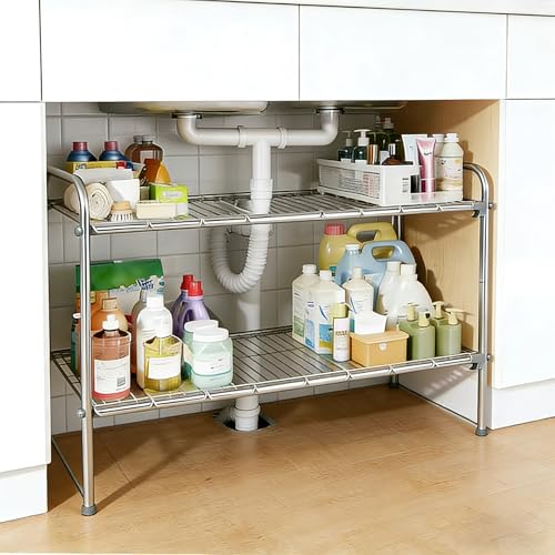 Under Sink Organizers and Storage，2 Tier Expandable Under Cabinet Organizer Shelf for Under Kitchen Bathroom Sink Organizers and Storage