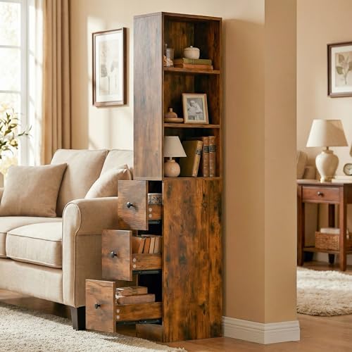 ARTETHYS Tall Slim Bathroom Storage Cabinet with Adjustable Shelves Rustic | Slim Free Standing Space Saver Organizer for Living Room Kitchen, 3 Drawers - color: Rustic