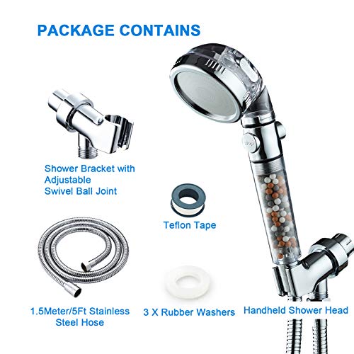 Filtered Shower Head with Purifying Beads – 3 Function High Pressure Handheld Shower for Hard Water – Removes Chlorine & Impurities, Softens Skin/Hair – On/Off Switch, Adjustable Bracket & Hose