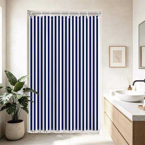 AOFOTO Navy Blue and White Stripe Shower Curtain Farmhouse Style Striped Line Bathroom Curtains Waterproof Fabric Machine Washable with 8 Hooks Modern Fashion Simple Bathroom Curtain 48x72 Inch - color: Navy Blue, size: 48"W x 72"L (Pack of 1)