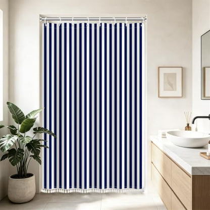 AOFOTO Navy Blue and White Stripe Shower Curtain Farmhouse Style Striped Line Bathroom Curtains Waterproof Fabric Machine Washable with 8 Hooks Modern Fashion Simple Bathroom Curtain 48x72 Inch - color: Navy Blue, size: 48"W x 72"L (Pack of 1)