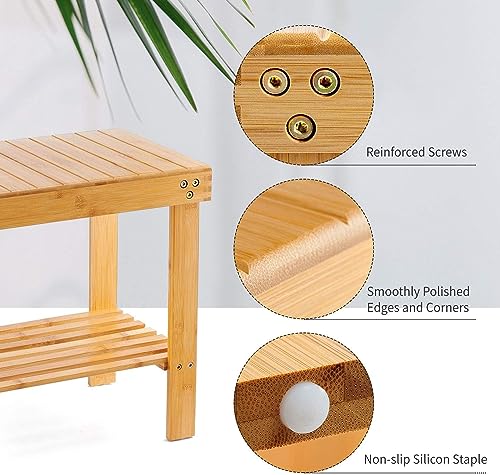VaeFae Bamboo Shower Bench, Spa Bench Seat Stool, Foot Rest Shaving Stool with Non-Slip Feets and Storage Shelf, Works in Bathroom/Living Room/Bedroom/Garden Leisure - size: Yellow 17.3" x 11" x 16.1"