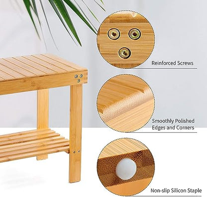 VaeFae Bamboo Shower Bench, Spa Bench Seat Stool, Foot Rest Shaving Stool with Non-Slip Feets and Storage Shelf, Works in Bathroom/Living Room/Bedroom/Garden Leisure - size: Yellow 17.3" x 11" x 16.1"