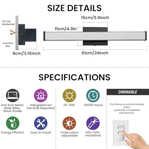 Modern LED Bathroom Vanity Light 24 inch 18W Dimmable 3CCT Bathroom Light Fixture Over Mirror Rectangle Bath Vanity Light Bar with Double Layer Acrylic Shade (Matte Black) - color: Black, size: 24 inch