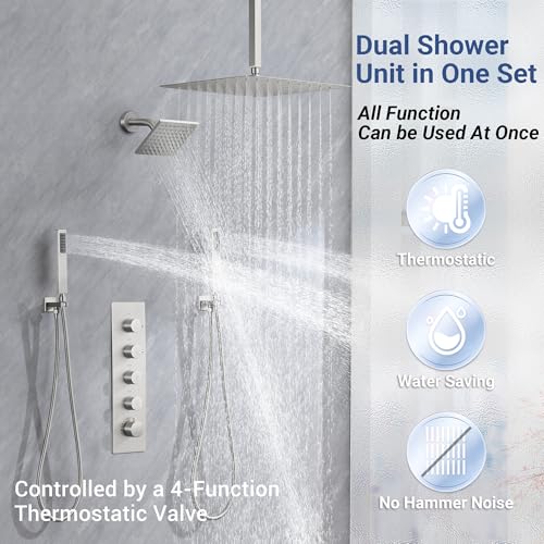 Thermostatic Dual Rianfall Shower System with 6+16-Inch Shower Heads, Brushed Nickel Ceiling Mount Full Body Rain Shower Faucet Set with Double High Pressure HandHeld Sprayer for 2-Person - color: Brushed Nickel