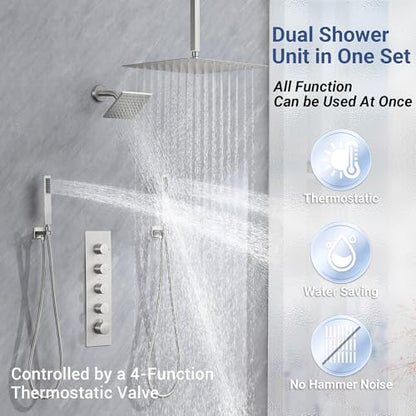 Thermostatic Dual Rianfall Shower System with 6+16-Inch Shower Heads, Brushed Nickel Ceiling Mount Full Body Rain Shower Faucet Set with Double High Pressure HandHeld Sprayer for 2-Person - color: Brushed Nickel