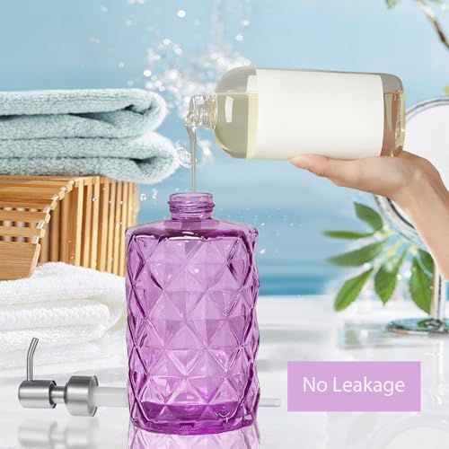 12Oz Purple Glass Soap Dispenser, Liquid Hand Bottle, Stainless Steel Pump | Refillable Clear Kitchen Soap Dispenser with Diamond Design, for Hand soap, Dish Soap, Lotion, Bathroom, Countertop, Hotel - color: Purple Diamond
