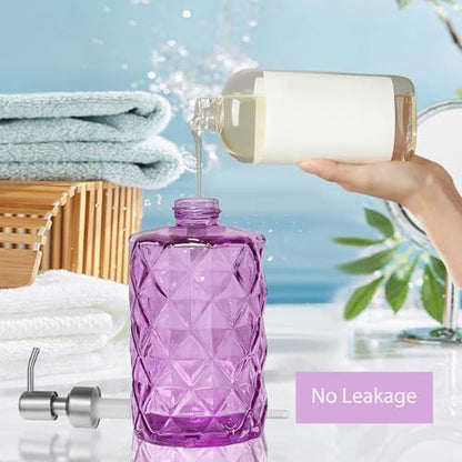 12Oz Purple Glass Soap Dispenser, Liquid Hand Bottle, Stainless Steel Pump | Refillable Clear Kitchen Soap Dispenser with Diamond Design, for Hand soap, Dish Soap, Lotion, Bathroom, Countertop, Hotel - color: Purple Diamond
