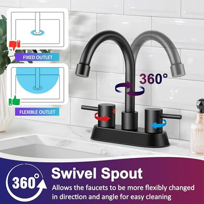 2 Pack Matte Black Bathroom Faucet for 3 Hole, Herogo 4 Inch 2-Handle Bathroom Sink Faucet with Pop-Up Drain and Supply Hoses, 18/10 Stainless Steel Faucets for RV Vanity - color: Matte Black, style: Round Handles-2 Set