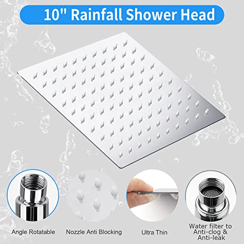 Shower Head, Kaqinu 10'' High Pressure Rainfall Shower Head/Handheld Showerhead Combo with 11” Extension Arm, Anti-leak Shower Head with Holder/Hose, Flow Regulator - Chrome - color: Silver, size: 10 Inch