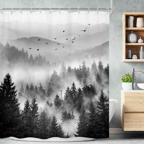 Black White Mountain Scenery Nature Pine Bathroom Shower Curtain Set | 72"W x 72"L shower curtain， Tree Men: HD waterproof print, quick-dry cloth, free hooks for easy installation. - color: A-03black, size: 72"W x 72"L (Pack of 1)