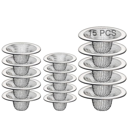 Bathroom Mesh Sink Drain Strainer Screen, 15PCS Drain Mesh Basket Cover Stainless Steel Slop Basket Filter Trap Tub Drain Screen Hair Catcher for Shower Utility Drain (2.125''&2.75"&4.41'') - size: 2.125'' & 2.75'' & 4.41'' (15 Pcs)