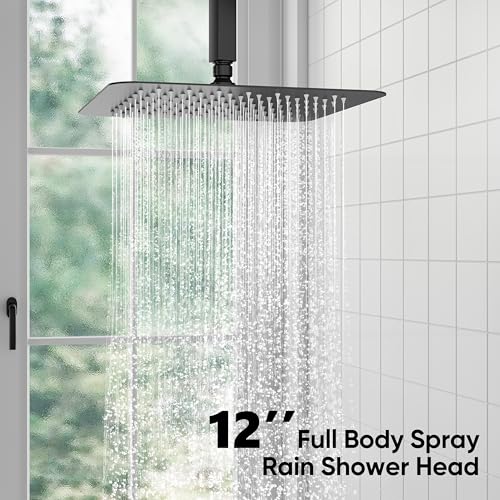 esnbia Shower System, Bathroom 12 Inches Rain Shower Head with Handheld Combo Set, Ceiling Mounted High Pressure Rainfall Dual Shower Head System, Shower Faucet Set with Valve and Trim, Matte Black - color: Matte Black, size: 12 Inch