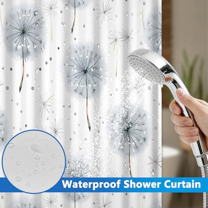No Hook Shower Curtain and Liner Set, Grey Dandelion Farmhouse Waterproof Shower Curtain with Mesh Top Window and Weighted Hem, Machine Washable Shower Curtains for Bathroom and Hotel, 71" W x 74" L - color: Flying Dandelion