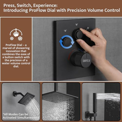 Thermostatic Shower System Matte Black, Push Button Diverter Shower Faucet with 2 in 1 Handheld, Ceiling Mount 12 Inch Shower Head with 6 Inch Wall Mount Shower Head - color: Matte Black, style: 12 Inch