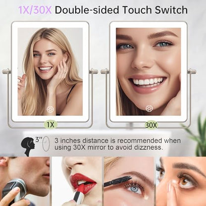 FASCINATE 8.7" 5000mAh Rechargeable Wall Mounted Makeup Mirror (Nickel) | Double Sided Touch Switch 1X 30X Magnifying Bathroom Mirror, 3 Color Lights, Extended Arm 360°Rotation - color: Nickel B