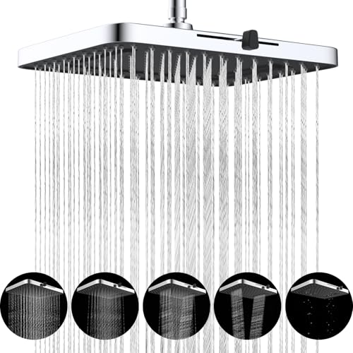 Hibbent cUPC Certified 5 Spray Modes Shower Head, 13'' High Pressure Large Rainfall Shower Head, High Flow Waterfall Bathroom Fixed Showerheads with Adjustable Swivel Ball Joint, Chrome - color: Chrome, style: Square 13''
