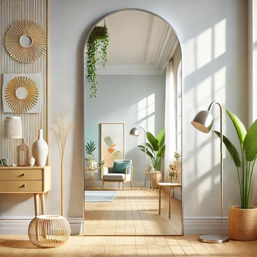 64"x21" Floor Mirror Full Length Mirror Silver Full Length Mirror Silver Floor Mirror 64 Arched, room decor for Dressing Room, Bedroom Wall Mounted with Stand Aluminum Alloy Aesthetically Modern - color: Silver, size: 64"L x 21"W