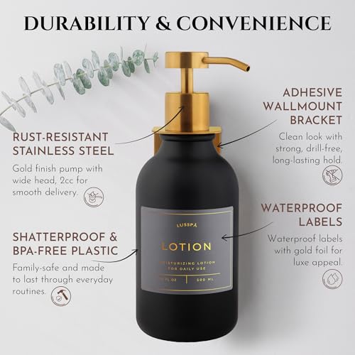 Shower Shampoo Dispenser Wall Mounted – 3 Refillable 16.9 oz Black Bottles with Stainless Steel Pumps & No-Drill Adhesive Holders – Soap Dispenser Set for Bathroom (3 X Black/Gold) - color: 3 X Black/Gold