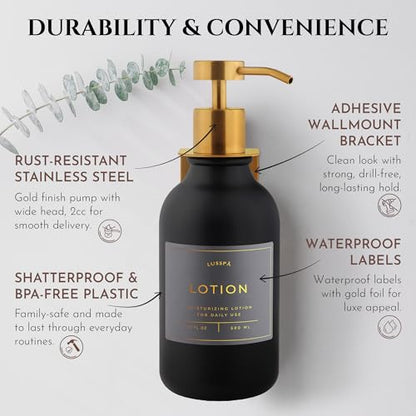 Shower Shampoo Dispenser Wall Mounted – 3 Refillable 16.9 oz Black Bottles with Stainless Steel Pumps & No-Drill Adhesive Holders – Soap Dispenser Set for Bathroom (3 X Black/Gold) - color: 3 X Black/Gold