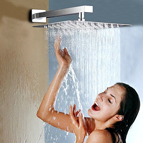 Voolan All Metal Shower Head with Extension Arm, Stainless Steel Waterfall Rainfall Showerheads, High Flow Bathroom Square Rain Shower Head (12’’ Shower Head with 16’’ Shower Arm, Brushed Nickel) - color: Brushed Nickel, size: 12’’ Shower Head with 16’’ S