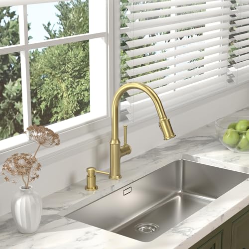 Lava Odoro Brushed Gold Kitchen Faucet with Pull Down Sprayer | Single Handle Kitchen Sink Faucet with 3-Function Sprayer, Deck Plate Included, 1.8GPM, KF421-SG - color: Brushed Gold, style: Standard