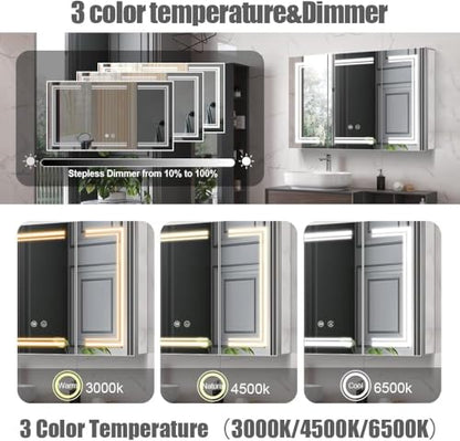 High-End Led Medicine Cabinet,Lighted Medicine Cabinet,3 Colors&Dimmable,Demister,Lighted Glass Shelf,USB Shaver Socket.Surface Mount or Recess Mount,48×32inch - size: 48×32inch