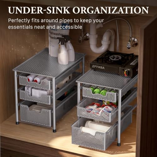 Simple Houseware Stackable 3 Tier Sliding Basket Organizer Drawer, Silver (Pack of 2) - color: Silver, size: 3-Tier (Pack of 2)
