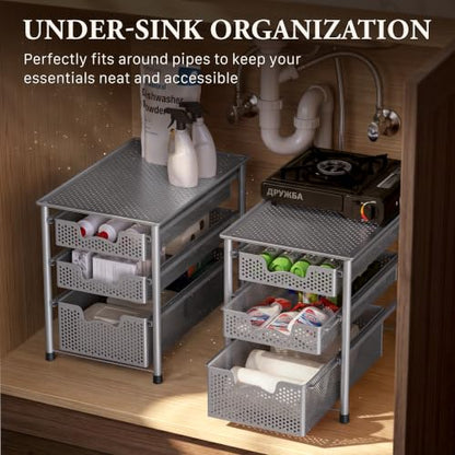 Simple Houseware Stackable 3 Tier Sliding Basket Organizer Drawer, Silver (Pack of 2) - color: Silver, size: 3-Tier (Pack of 2)