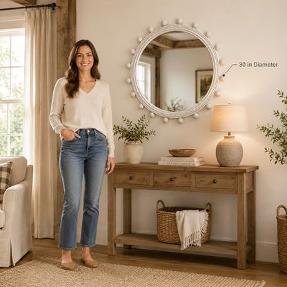 30" Round Rope Wall Mirror with 2 in Whitewashed Wood Beads | Soft white coastal farmhouse style, handwoven cotton rope frame for entryway, living room, bedroom, bathroom, powder room.