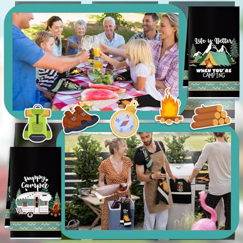 Boyiee 6 Pcs Camping Kitchen Towels Black Absorbent Dishcloth | Bonfire Tent Car Tea Towels with Funny Sayings 24 x 16 Inches Novelty Gifts for Rv Campers Happy Camper Accessories - color: Black Camping